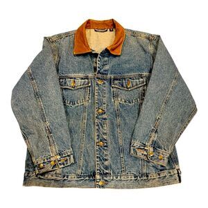 Vintage Dunbrooke 100% Cotton Denim Jacket with Brown Leather Collar Sz XL